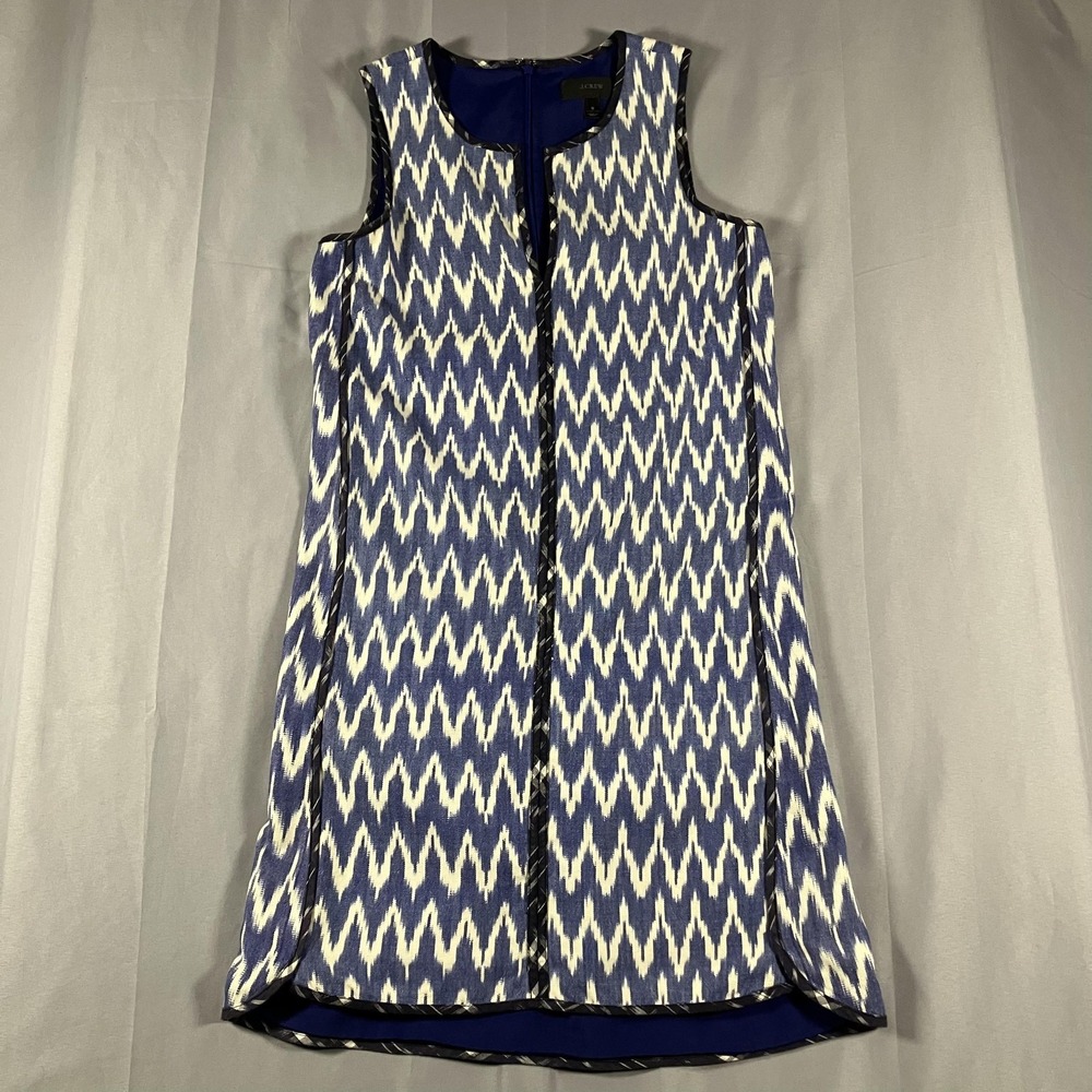 J Crew Dress Womens 0 Blue White Ikat Sleeveless Lined Shift Cotton Knee‎ Work